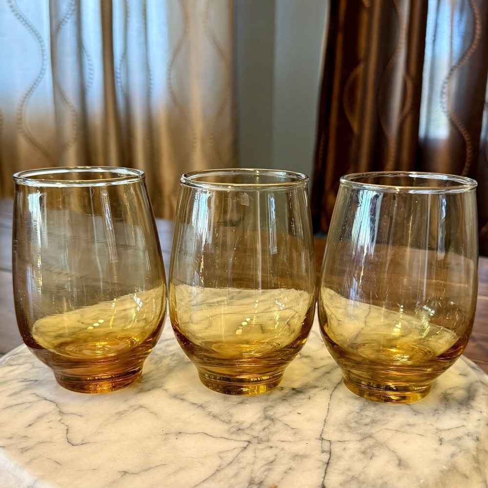 3pc VTG 60s MCM Libbey Tempo Amber Roly Poly Drinking Juice Glasses Tumblers
